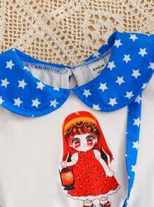Little Girl Blue Summer Fairy Birthday Retro Print Peter Pan Collar Short Sleeve Dress,Cute Girl & Lantern & Star Print Playful Elegant Party Dress - Blue - View 6