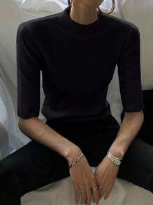 Strévra Women's Semi-Turtleneck Waist Fitted 3/4 Sleeve Sweater Top Y2k Fall - Black - View 3