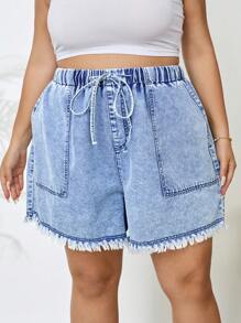 SHEIN CURVE+ Plus Size Women Drawstring Waist Fringe Detail Big Pocket Denim Shorts - Medium Wash - View 4