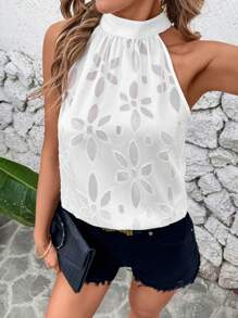 SHEIN Clasi 夏季优雅女士白色挂脖提花面料切花，部分透视切花，修身衬衫适合各种场合，适合日常休闲、通勤、旅行 - 白色 - 查看 7