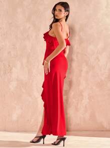 SHEIN BAE Spring/Summer Solid Red Asymmetrical Hem High Slit Multi-Layer Ruffle 3D Floral Decor Long Tank Dress, Vacation Dress, Bridesmaid Mini Dress, Valentine's Day Dress, Red Dress, Birthday Mini Dress