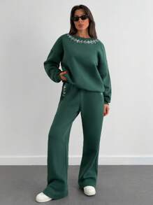 EURMUSE Rhinestone Decor Casual Sweatshirt And Sweatpants Set, Autumn/Winter - Dark Green - View 3
