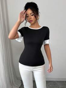 Selianne 女士圆领短袖时尚 T 恤，后背饰有蝴蝶结 - 黑色 - 查看 5