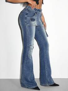 SHEIN ICON 女式休闲水洗低腰紧身喇叭牛仔裤 - 藍色 - 查看 2