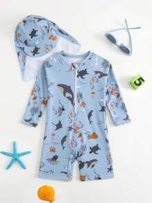 Baby Boy's Cartoon Ocean Animals Printed Long Sleeve One-Piece Swimsuit With Hat