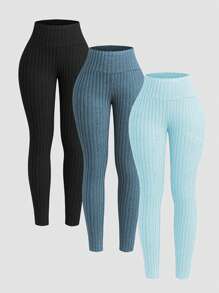 INAWLY 3pcs/Set Solid Color Ribbed Leggings For Women Fall Cloth For Women - Multicolor - View 3