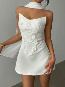 Aloruh Women Floral Embroidery Decor Tube Top Mini Dress