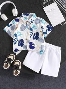 Set 2 bucăți pentru băieți, cămașă cu mânecă scurtă la un singur piept + pantaloni scurți sport casual cu talie elastică, ținută versatilă la modă cu imprimeu de frunze pentru vară