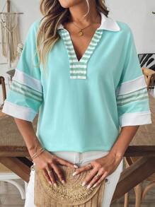 SHEIN LUNE Women's Western Country Casual Vacation Distressed Colorblock Patchwork Cotton Short Sleeve Polo Collar T-Shirt Top, Summer