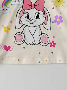 SHEIN Camiseta de manga corta y cuello redondo informal con estampado de conejo de dibujos animados, adecuada para el verano