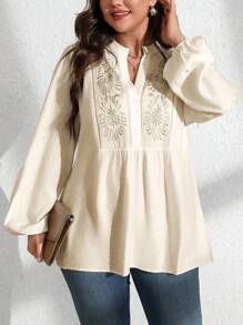 Vionelle Áo cánh tay dài cổ đứng thêu phía trước cỡ lớn mùa xuân và mùa thu màu trơn tay dài tay peplum - Màu be - Xem 7