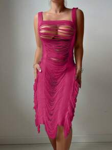 SHEIN Swim Beach Summer Outfits For Women - Sleeveless Cover Up Dress With Hollow Out & Tassel Side Slit - Hot Pink - View 4