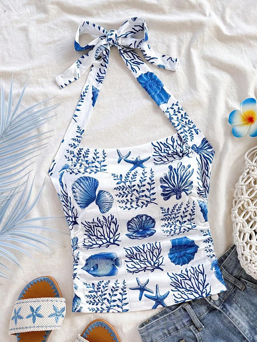 Soleia 女士度假挂脖式编织白色海景印花褶饰吊带背心 - 藍白色 - 查看 1