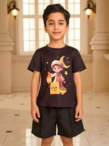 2pcs/Set Young Boy Ramadan Monochrome Retro Print Graphic T-Shirt - Black and White - View 1