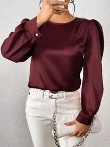 Women's Elegant Simple Solid Color Puff Sleeve Shirt Fall Cloth For Women - Burgundy - View 4