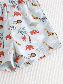 Cozy Pixies 2pcs Baby Boy Set: Letter Pattern Soft Knit Polo Collar Snap Button Short Sleeve Top And Elastic Waist Shorts