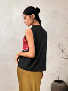 EastFlair Women's Elegant Flower Print Asymmetrical T-Shirt - Black - View 3