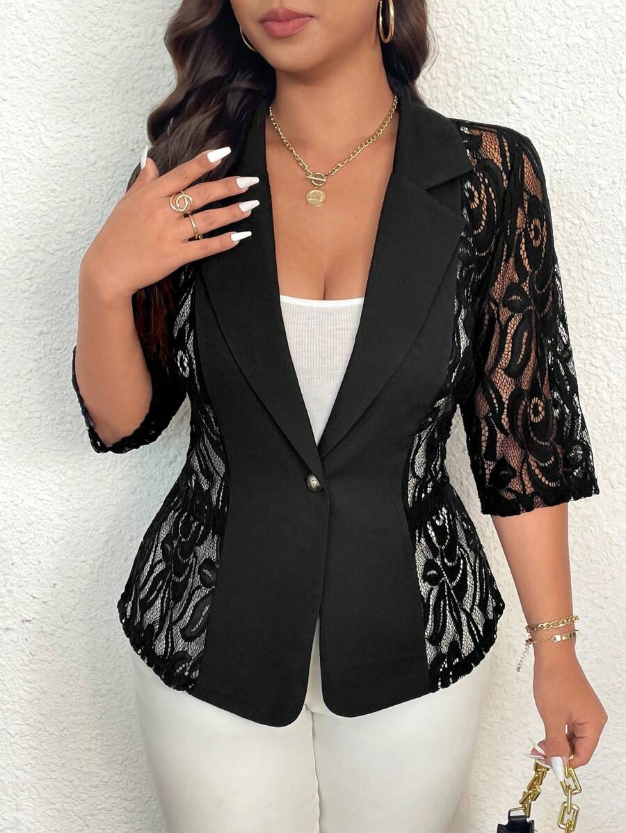 SHEIN Clasi Plus Size Women Elegant Solid Color Lace Patchwork Blazer Jacket
