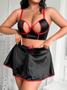 Fantasy Costume 3 Piece Plus Size Lingerie Set With Underwire And Hollow-Out Designs, Sexy Intimates - Black - View 6