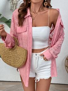 Breezaya 女士蕾丝长袖优雅衬衫 - 藕粉色 - 查看 1