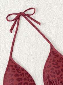 Swim Vcay 2 件女式性感豹纹露背比基尼上衣，海滩度假 - 酒紅色 - 查看 5