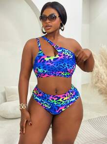 Slaydiva Traje de baño de talla grande para mujer con estampado de leopardo y cordón en un solo hombro, ropa de resort informal
