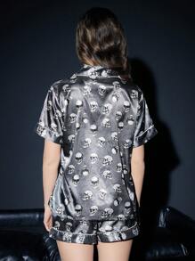 ROMWE Gothic Skeleton Satin Collared Button Short Sleeve Shorts Pajama Set, Silky - Light Grey - View 6