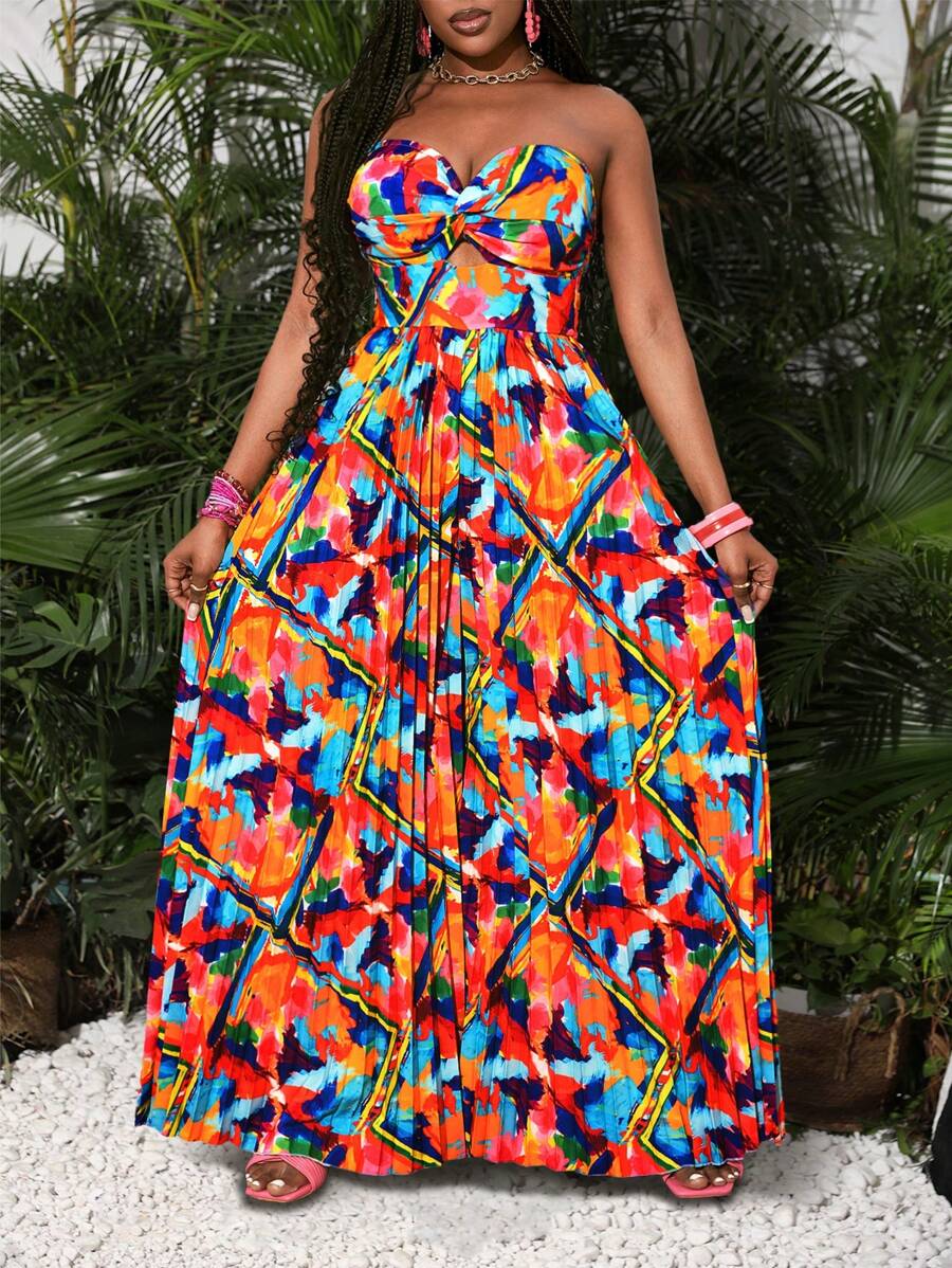 Slaydiva 女士夏季度假性感印花扭结露肩褶皱阔腿连体裤