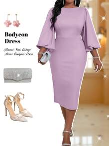 Fleurora Autumn And Winter Elegant Baby Blue Round Neck Bishop Sleeve Bodycon Dress Plus Size Dresses Blue Dresses Dress - Purple - View 1