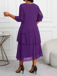 Fleurora Vestido midi de encaje con costuras, volantes y mangas huecas, para mujeres de talla grande, profesionales de negocios, en color púrpura. Ropa y vestidos de profesora, vestidos de otoño, vestidos de encaje, para las cuatro estaciones