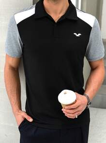 Manfinity Homme Men's Black Summer Casual Golf Polo Shirt,White & Gray Color-Blocked Short-Sleeve Top With Eagle Embroidery And Button Placket For Daily Business - Black - View 1