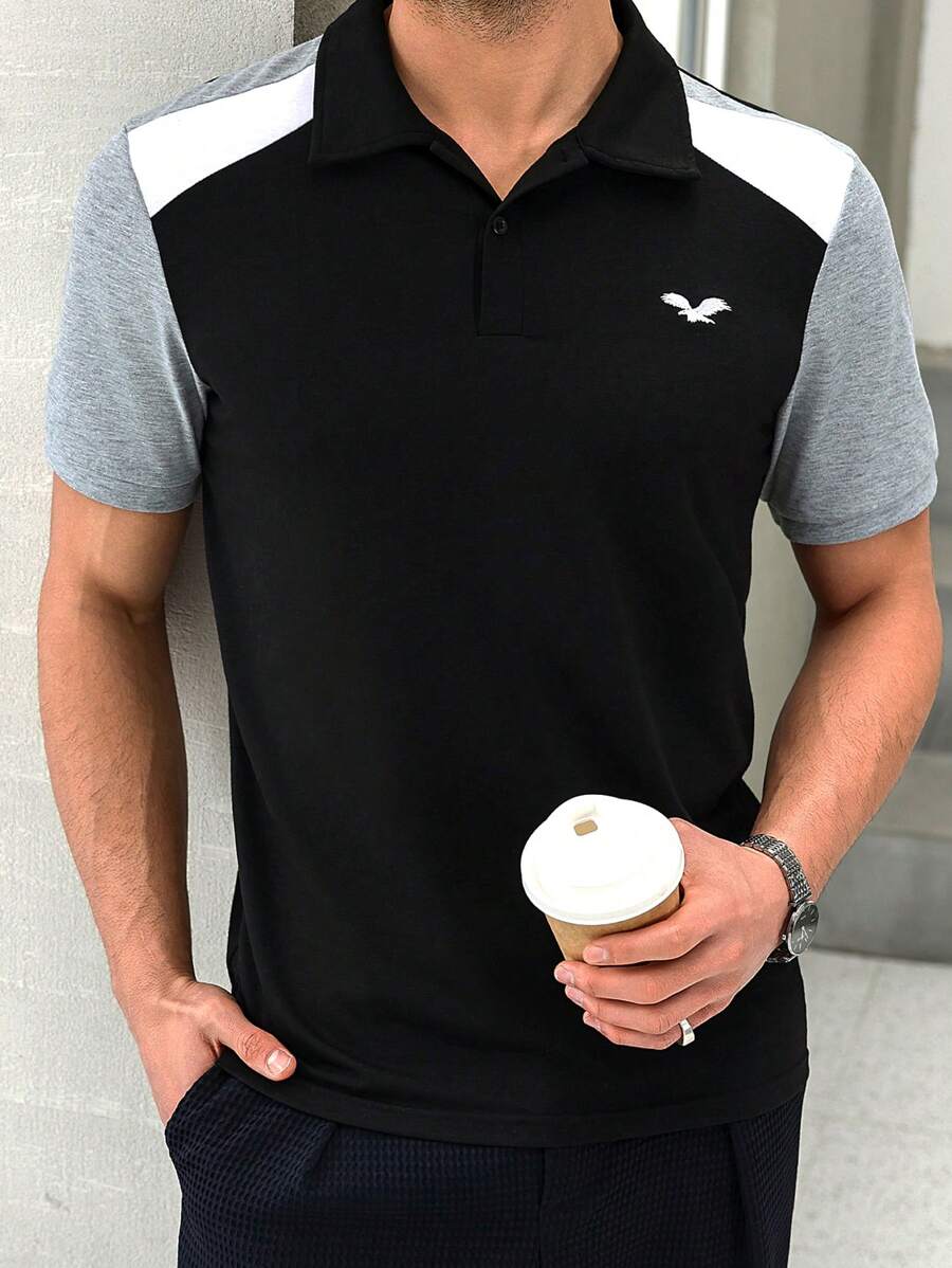 Manfinity Homme Men's Black Summer Casual Golf Polo Shirt,White & Gray Color-Blocked Short-Sleeve Top With Eagle Embroidery And Button Placket For Daily Business - Black - View 1