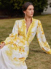 Anewsta Conjunto de dos piezas de mujer tejido, posicionamiento a la moda, estampado con empalme, pequeños detalles de encaje, elegante conjunto de dos piezas amarillo de primavera - Amarillo - Ver 1