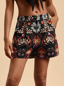 Travachic Women's High Waist Loose Tropical Plants Print Shorts With Pockets, Casual - Black - View 3