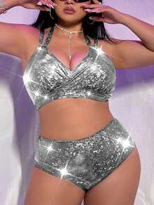 Swim EVENT Plus Size Women 2pcs Glitter Sequin Strap Sexy Bikini Swimwear Set For Summer Beach Vacation - Silver - View 4