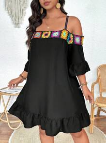 Breezaya Plus Size Women's Black Bohemian Crochet Lace Off Shoulder Spaghetti Strap 3/4 Sleeve Ruffle Hem Slim Knee-Length Dress, Spring/Summer