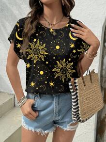 Glamance Carolina Leite Blusas negras para mujeres de manga corta, cuello redondo, casual llano, con estampados de plantas, estampado total, galaxia - Conjuntos de verano para mujeres, blusas de verano para salir
