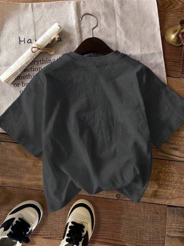 SHEIN EZwear T-shirt ample pour femmes à col rond, manches courtes, motif minimaliste anglais de Londres, adapté pour l'été - Gris foncé - Voir 2
