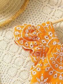 SHEIN 2pcs/Set Girls Summer Outfit, Sleeveless Ruffle Trim Crop Top With Belt - Orange - View 6