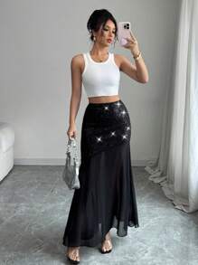 Chiquease Sequin Patchwork Cinched Waist Asymmetrical Colorblock Skirt - Black - View 6