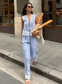 Serisse 2pcs Women Casual Vacation Stripe & Contrast Lace Camisole And Pants Set Summer Flower - Blue and White - View 4