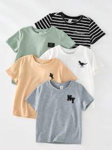 5 Pieces Young Boy Casual Comfortable Cute Graphic Print Fitted Crew Neck Short Sleeve T-Shirt Set, Versatile 5 Styles In 1 Pack, Suitable For Commuting, School, Daily, Casual, Sport, Spring, Summer, Fall, Winter Seasons - Multicolor - View 7