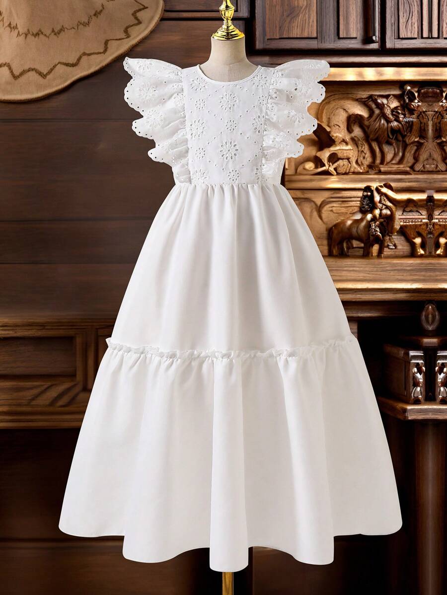 SHEIN Tween Girls Embroidered Ruffle Hem Cute Dress - White - View 1
