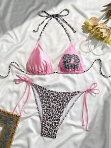 Swim EVENT 春假两件套女士性感比基尼套装，上衣采用吊带和三角形设计，混合纹理和豹纹图案，下装采用侧系带三角形剪裁，豹纹和纹理面料拼接，节日和沙滩/泳池派对泳装 - 粉色 - 查看 5
