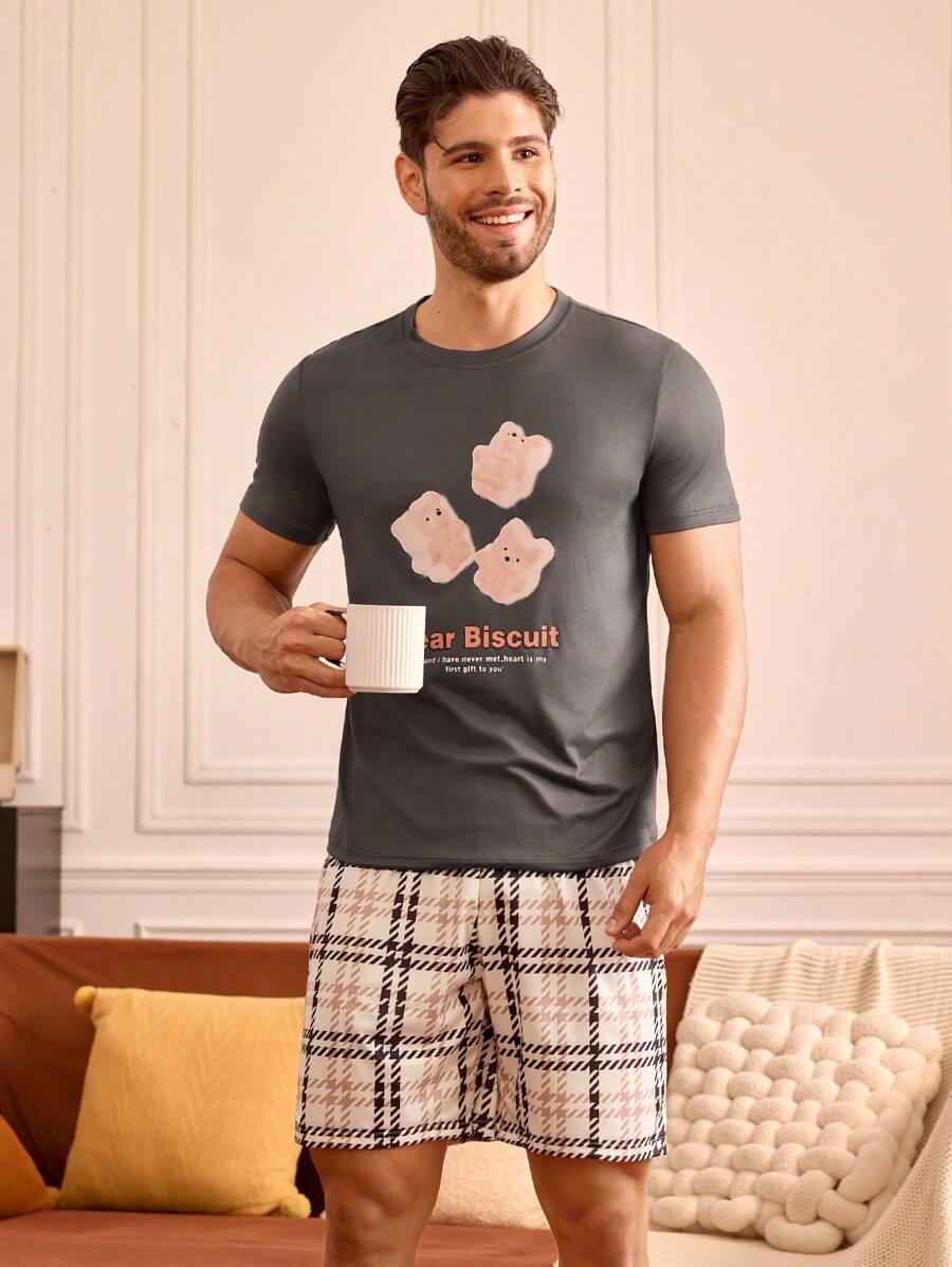 2pcs/Set Men's Letter Print Short Sleeve Casual Top And Shorts Pajama Set - Dark Grey - View 1