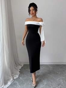 Rafferiza 女士蝴蝶结装饰优雅修身黑色露肩长裙 - 黑色 - 查看 6