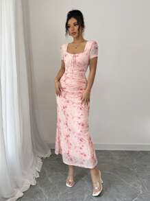 Elenzga 女士优雅性感情人节玫瑰印花网眼方领蝴蝶结褶皱紧身连衣裙，春夏 - 粉色 - 查看 4