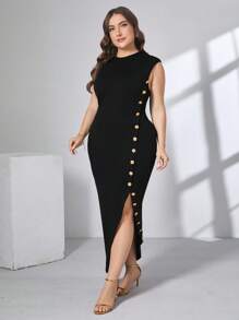 SHEIN Clasi Vestido con abertura lateral ceñido para mujeres de talla grande con decoración de botones y bufanda