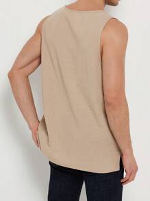 Manfinity Dauomo Men's Plain Button Half Placket Round Neck Casual Top - Khaki - View 2