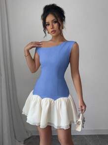 Chiquease Vestido corto sin mangas de mujer con diseño en organza de parches de color de contraste asimétricos en los hombros, nuevo para el otoño